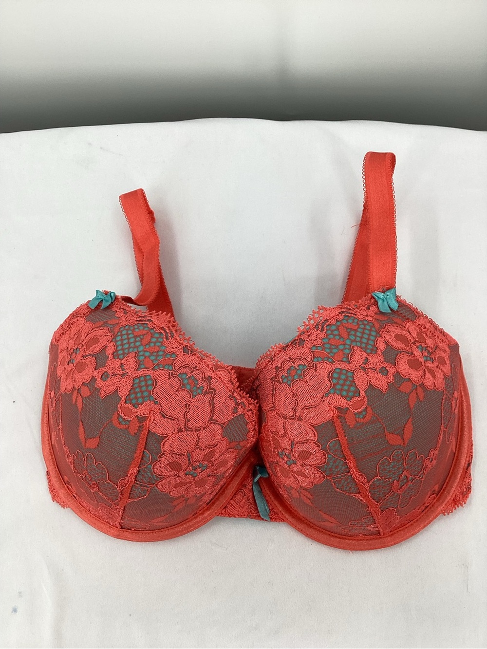 Floral Lace Padded Underwire Bra in Coral with Teal Accents